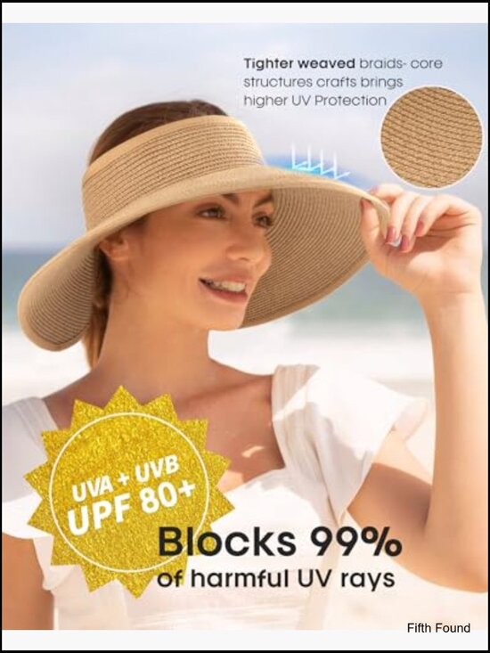 Women\'s Straw Sun Visor Hat UPF 80+ Wide Brim Ponytail Beach Foldable main image 4